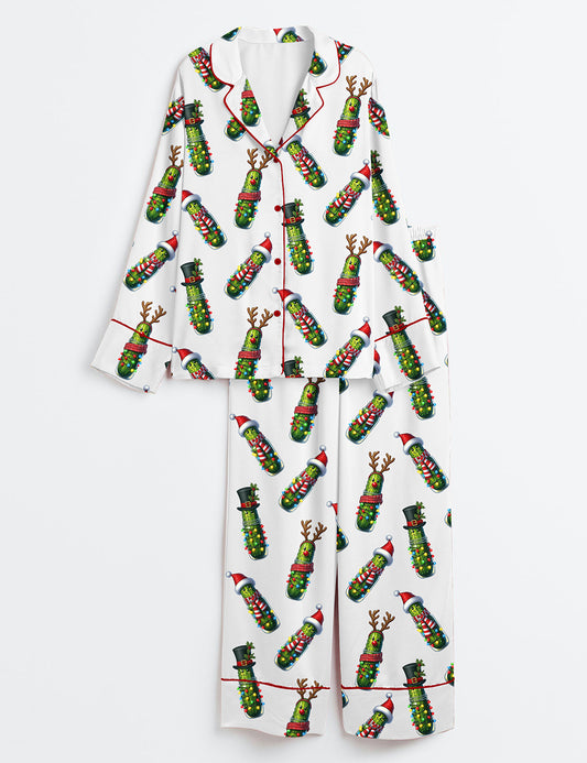 Women’s Christmas Pickle Holiday Cucumber Long Sleeve Satin Pajama Set