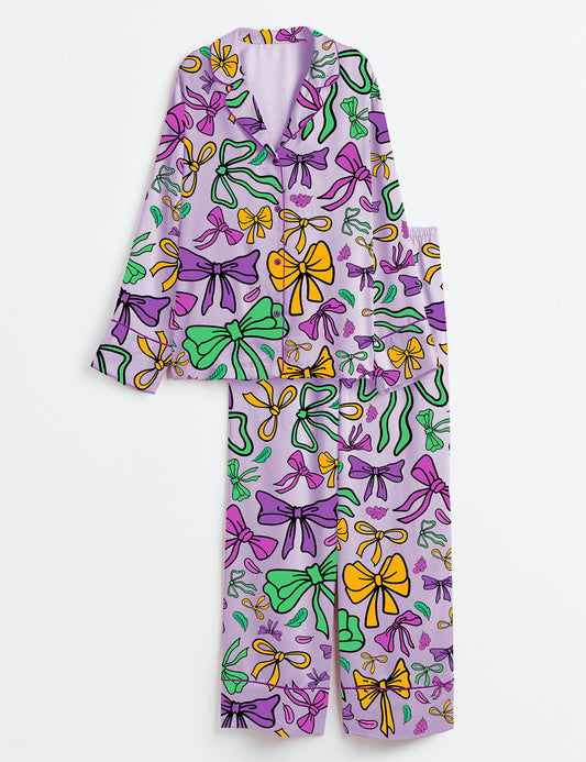 Women's Louisiana Mardi Gras Coquette Long Sleeve Satin Pajama Set