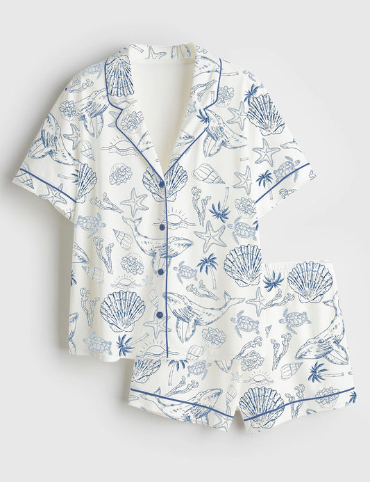 Women's Shark Ocean Short Sleeve Satin Pajama Set