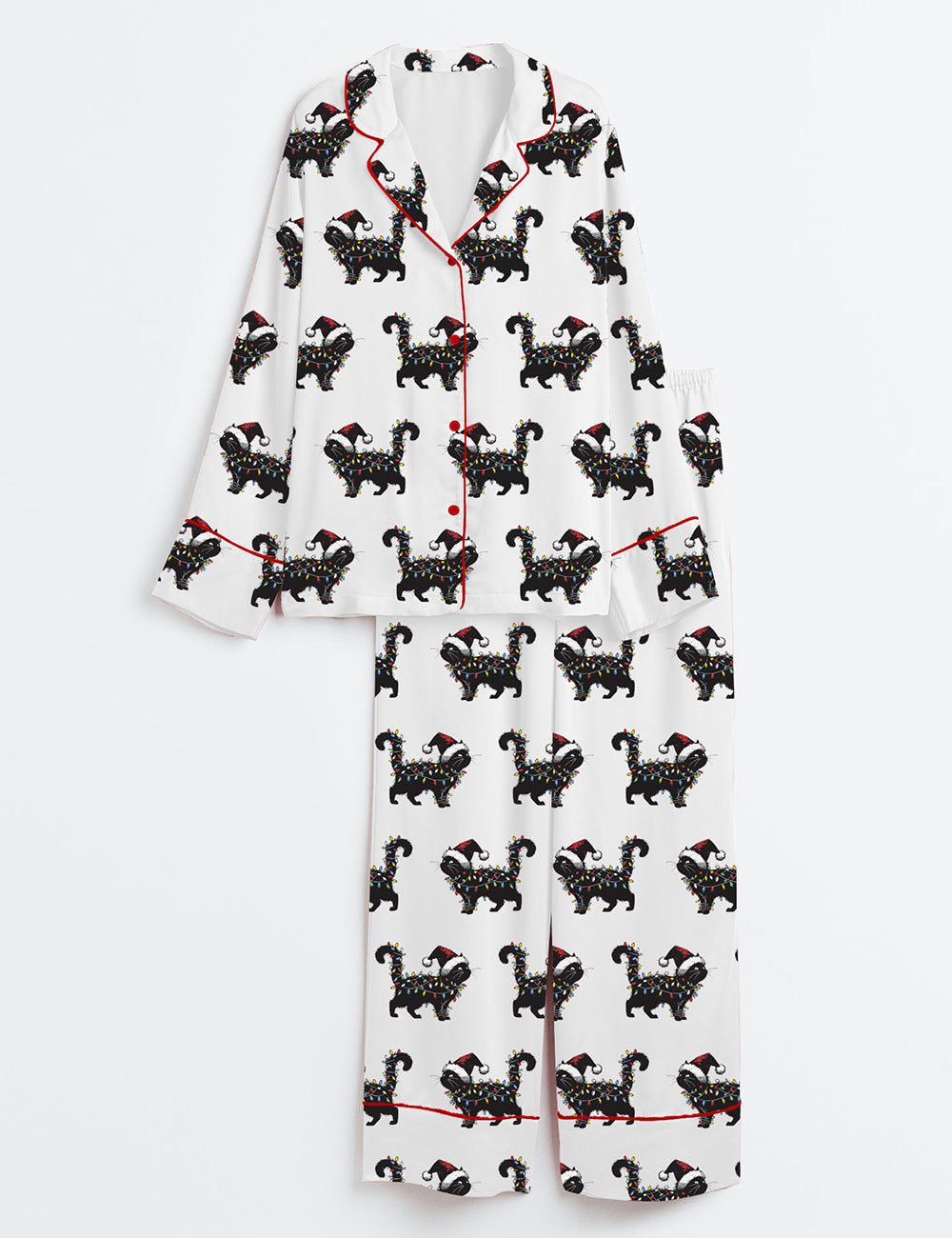 Women’s Cute Cat Christmas Cat Mom Holiday Cat Lover Long Sleeve Satin Pajama Set