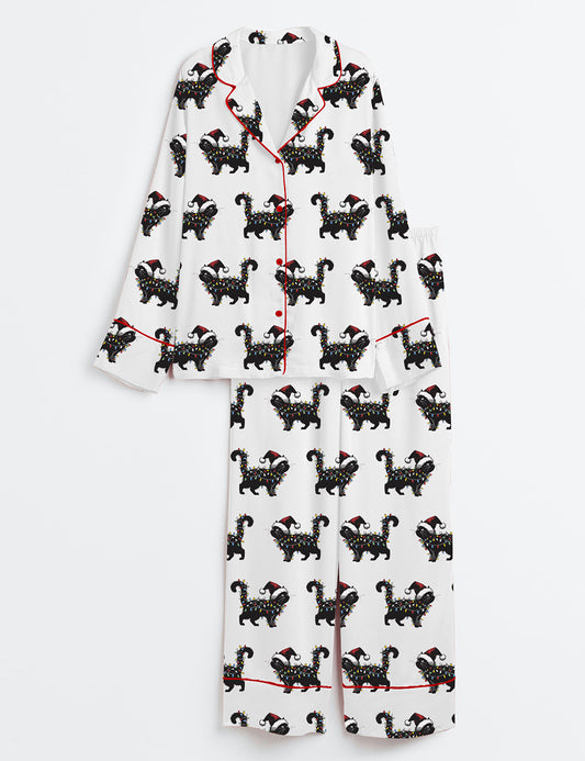 Women’s Cute Cat Christmas Cat Mom Holiday Cat Lover Long Sleeve Satin Pajama Set
