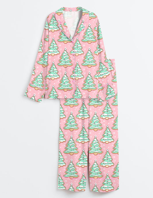 Women’s Preppy Christmas Cakes Long Sleeve Satin Pajama Set