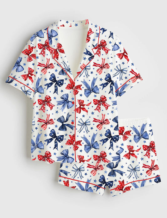Women’s Patriotic Bows 4th Of July Red White And Blue Ribbon Short Sleeve Satin Pajama Set
