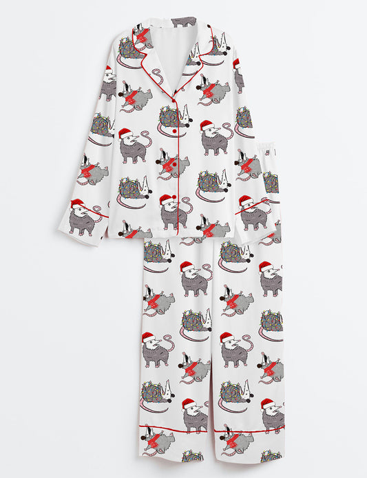 Women’s Overstimulated But Festive Possum Christmas Long Sleeve Satin Pajama Set