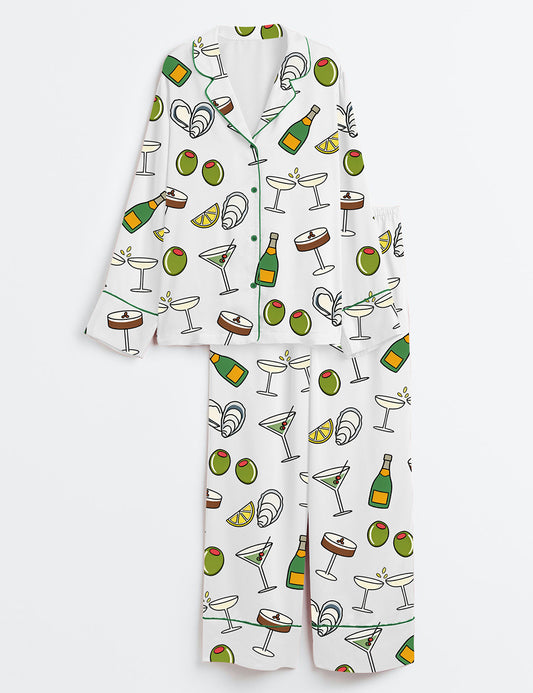 Women’s Cocktail Hour Olives Oysters Cheers Tini Time Champagne Print Long Sleeve Satin Pajama Set