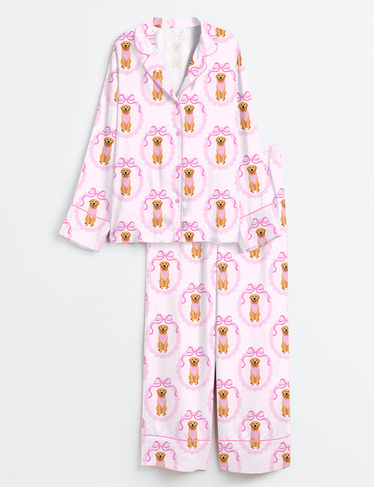 Women’s Cute Golden Retriever Coquette Pink Bows Girly Gingham Scallops Print Long Sleeve Satin Pajama Set