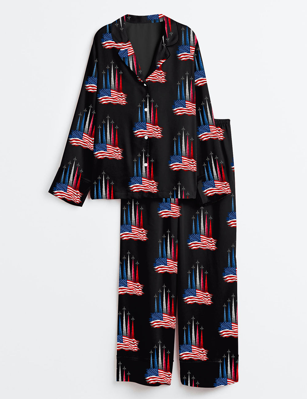 Women’s Realistic Jet Planes Patriotic 4th Of July Shirt Bold American Flag Art Print Long Sleeve Satin Pajama Set