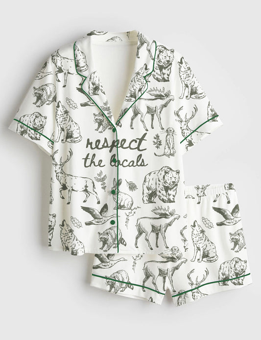 Women’s Respect The Locals Wildlife Granola Girl Woodland Animals Outdoor Print Short Sleeve Satin Pajama Set