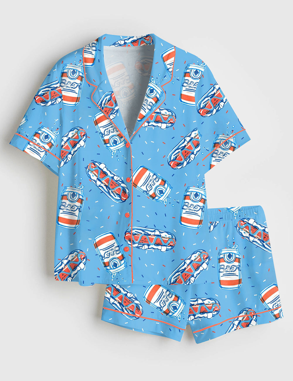 Women’s Retro 4th Of July Hotdog Beer Soda Short Sleeve Satin Pajama Set