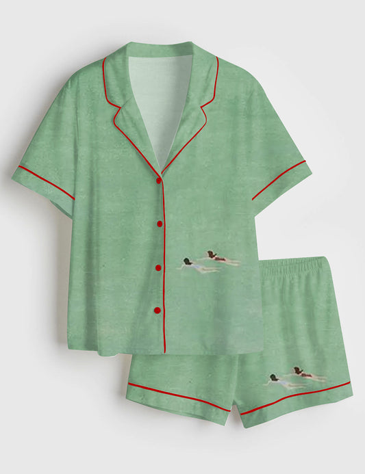 Women’s Two Girls Swimming Short Sleeve Satin Pajama Set