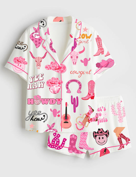 Women’s Cowgirl Boots Let's Go Disco Cowgirl Western Cow Skull Print Short Sleeve Satin Pajama Set
