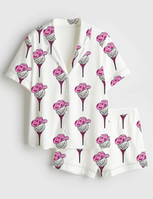Women’s Pink Western Cowgirl Golf Ball Golf Bachelorette Party Short Sleeve Satin Pajama Set