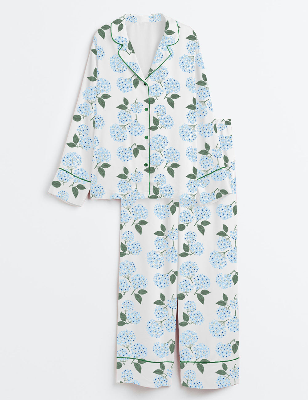 Women’s Blue Hydrangea Nantucket Cottage Long Sleeve Satin Pajama Set