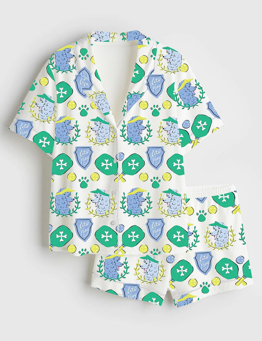 Women’s Dog Pickleball Art Short Sleeve Satin Pajama Set