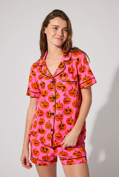 Jolly Jack-O-Lanterns Short Sleeve Classic Shorty Stretch Jersey PJ Set