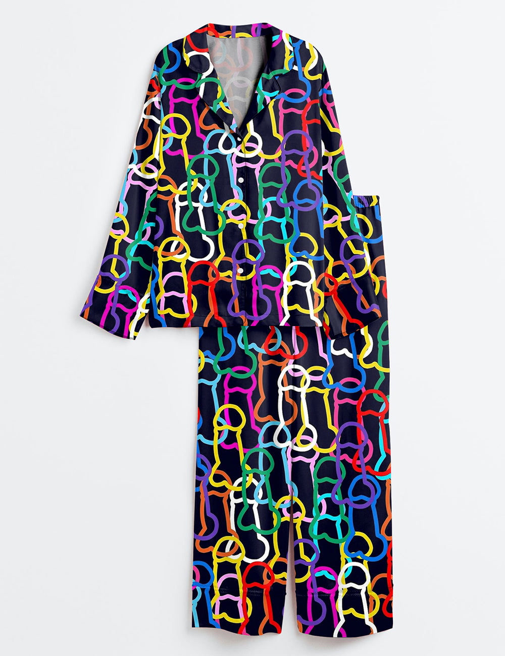 Women’s LGBTQ Gay Pride Rainbow Funny Graffiti Penis Line Art Print Long Sleeve Satin Pajama Set