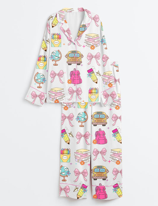 Women’s Cute Back To School Girls Coquette Pencil School Bag And Books Print Long Sleeve Satin Pajama Set