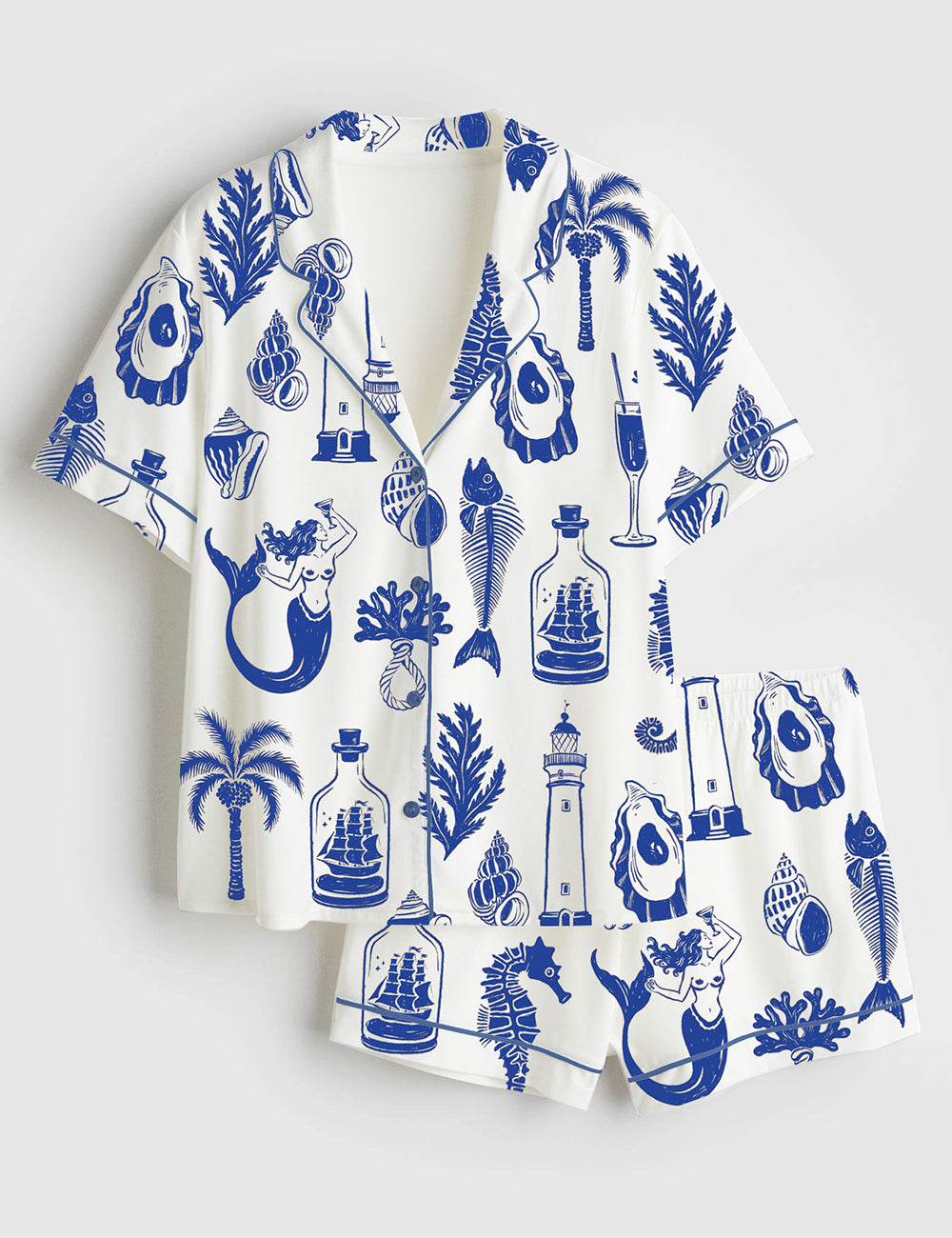 Women’s Seaside Shells Critters And Summer Magic Short Sleeve Satin Pajama Set