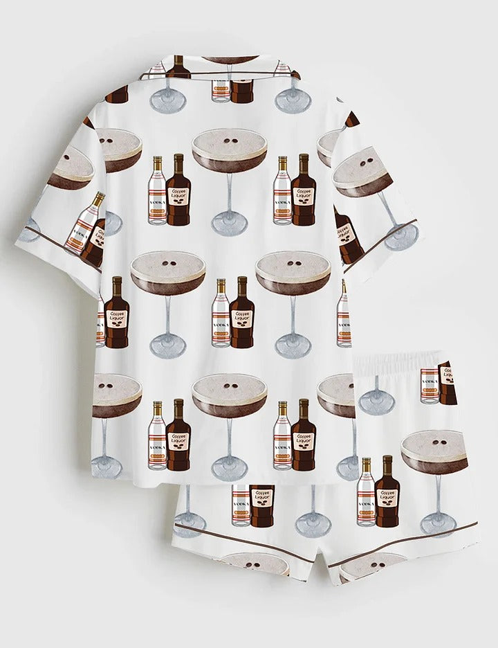 Women's Espresso Martini Cocktail Bar Short Sleeve Satin Pajama Set
