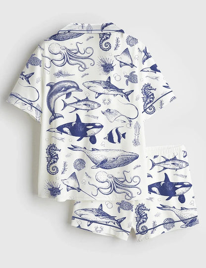 Women’s Ocean Nature Vintage 90s Tattoo Sea Animal Print Short Sleeve Satin Pajama Set