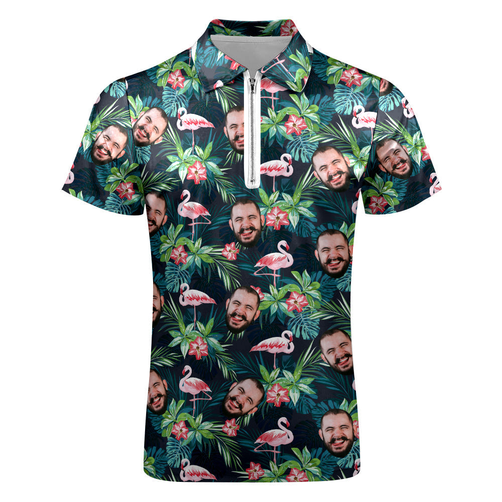 Custom Men's Polo Shirt with Zipper Personalized Face Hawaiian Style Polo Shirt