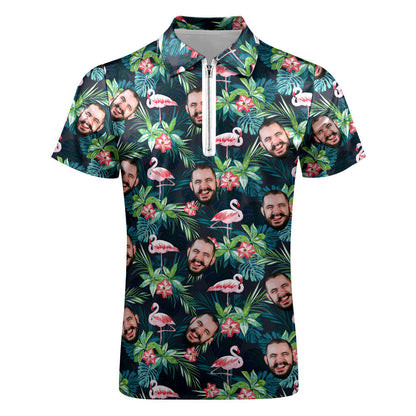 Custom Men's Polo Shirt with Zipper Personalized Face Hawaiian Style Polo Shirt