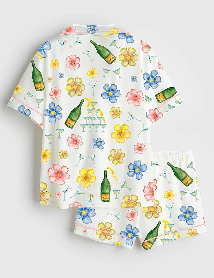 Women’s Champagne Martini Floral Short Sleeve Satin Pajama Set