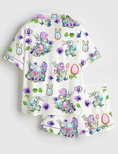 Women’s Watercolor Easter Gnomes Easter Bunny Easter Eggs Short Sleeve Satin Pajama Set