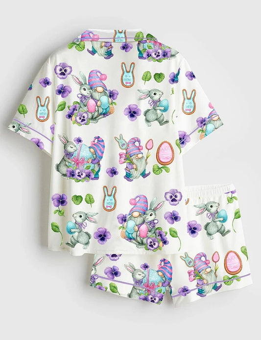 Women’s Watercolor Easter Gnomes Easter Bunny Easter Eggs Short Sleeve Satin Pajama Set