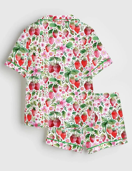 Women’s Strawberries And Flowers Painted in Loose Short Sleeve Satin Pajama Set