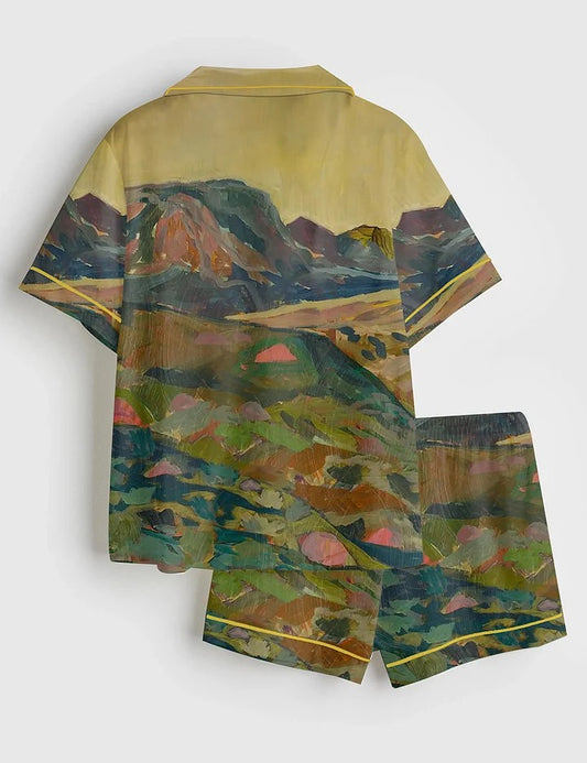 Women’s Midcentury Modern Western Landscape Vintage California Colorado Print Short Sleeve Satin Pajama Set