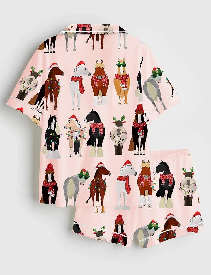 Women's Funny Horse Christmas Short Sleeve Satin Pajama Set,