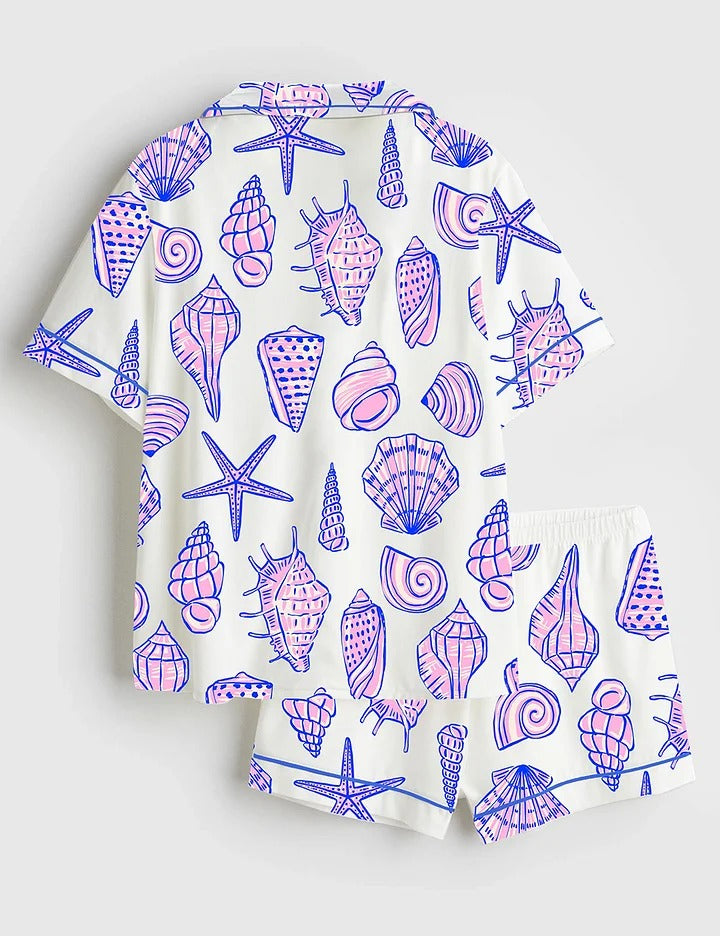 Women’s Seashell Summer Beach Art Short Sleeve Satin Pajama Set