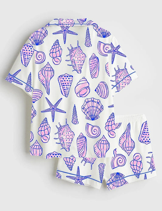 Women’s Seashell Summer Beach Art Short Sleeve Satin Pajama Set