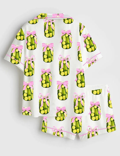 Women’s Coquette Pickle Lovers Fancy Girl Who Loves Pickles Print Short Sleeve Satin Pajama Set