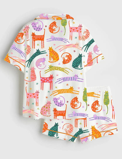 Women's Cute Cat Short Sleeve Satin Pajama Set