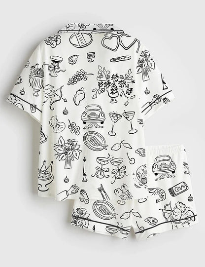 Women’s Whimsical Wedding Doodles For Wedding Print Short Sleeve Satin Pajama Set