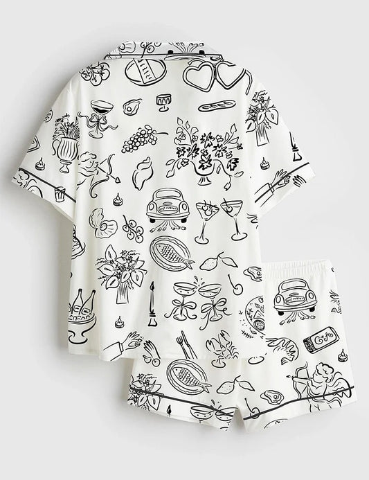 Women’s Whimsical Wedding Doodles For Wedding Print Short Sleeve Satin Pajama Set
