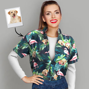 Custom Hawaiian Shirt with Face Custom Dog Face Shirt Leaves & Flamingo Button Down Shirts Gifts for Pet Lover