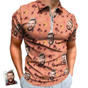 Custom Flamingo Tropical Sunset Men's Polo Shirt Personalized Face Funny Polo Shirt with Zipper