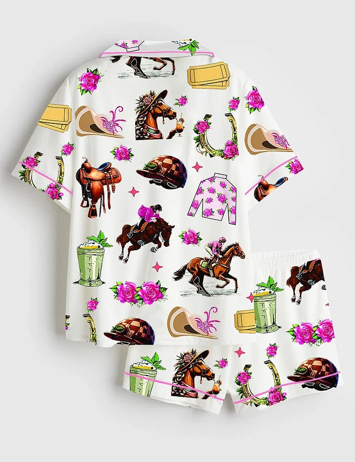 Women’s Kentucky Derby Run For The Roses Kentucky Horse Racing Western Short Sleeve Satin Pajama Set
