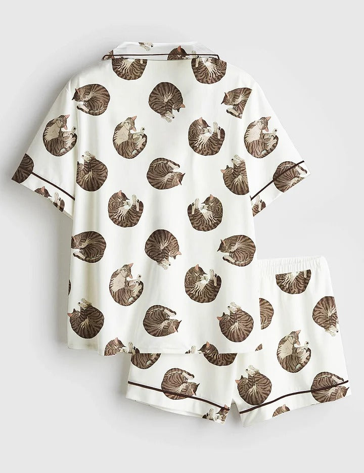 Women’s Sleeping Cat Whimsical Cat Cute Animals Print Short Sleeve Satin Pajama Set