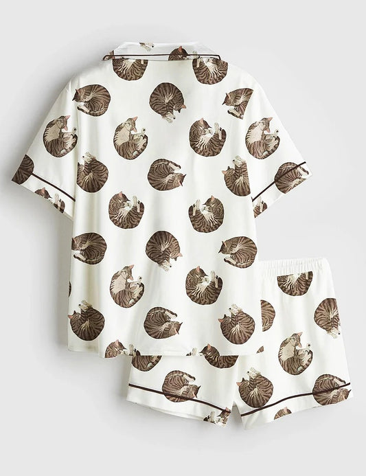 Women’s Sleeping Cat Whimsical Cat Cute Animals Print Short Sleeve Satin Pajama Set