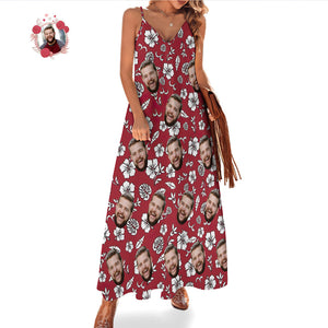 Custom Face Sling Hawaiian Style Red Long Dress White Flowers Design