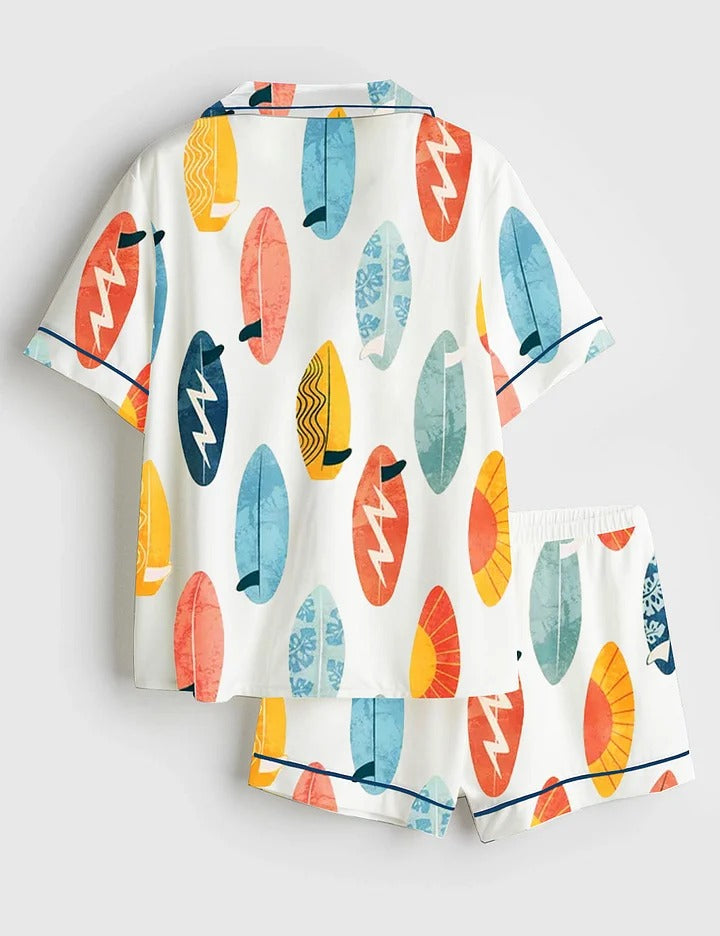 Women’s Surfing Board Light Surfing Sports Art Print Short Sleeve Satin Pajama Set