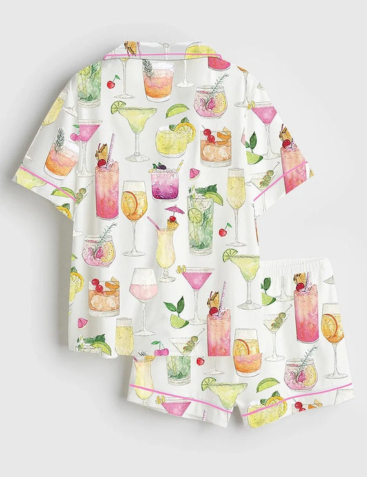 Women's Summer Cocktail Wine Lovers Old Fashioned Short Sleeve Satin Pajama Set