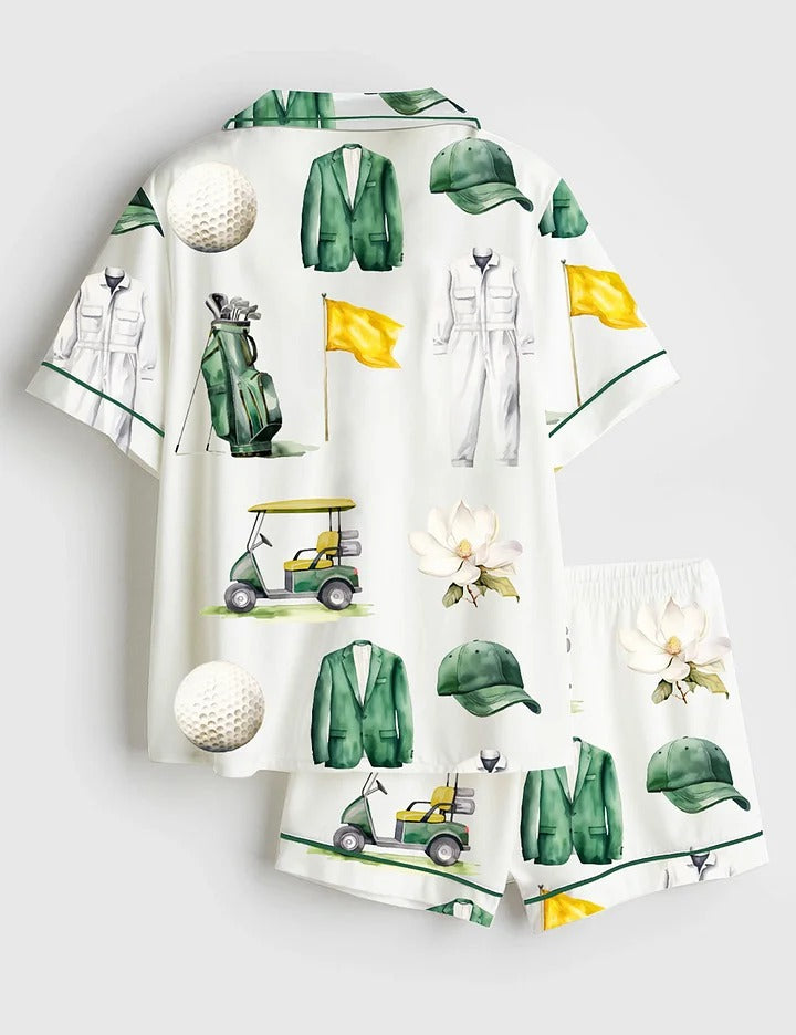 Women’s Watercolor Golf Tournament Golfing Master Golf Cart Green Jacket Club Short Sleeve Satin Pajama Set