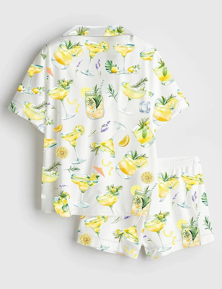 Women’s Lemon Drop Martini Limoncello Cocktail Mocktail Alcohol Wedding Clipart Margarita Bar Short Sleeve Satin Pajama Set