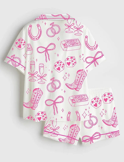 Women’s Going To The Chapel Cowgirl Bride Coquette Bridal Bow Floral Wedding Short Sleeve Satin Pajama Set