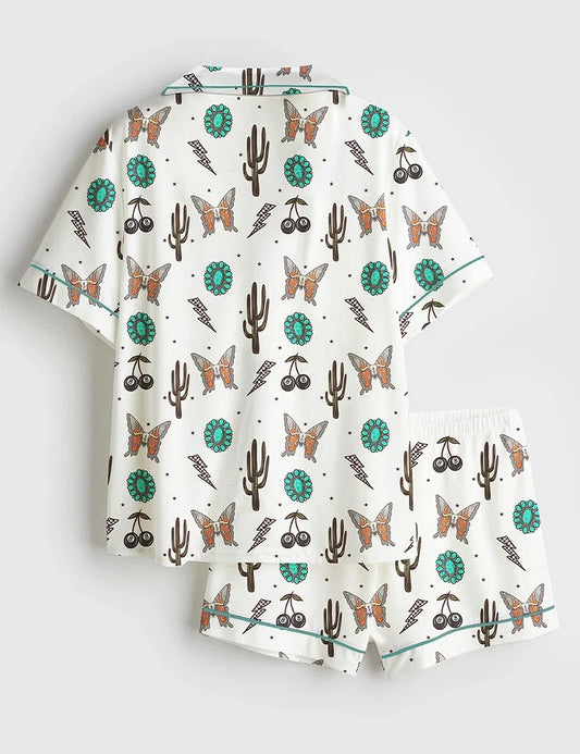 Women's Western Cowgirl Pattern Short Sleeve Satin Pajama Set